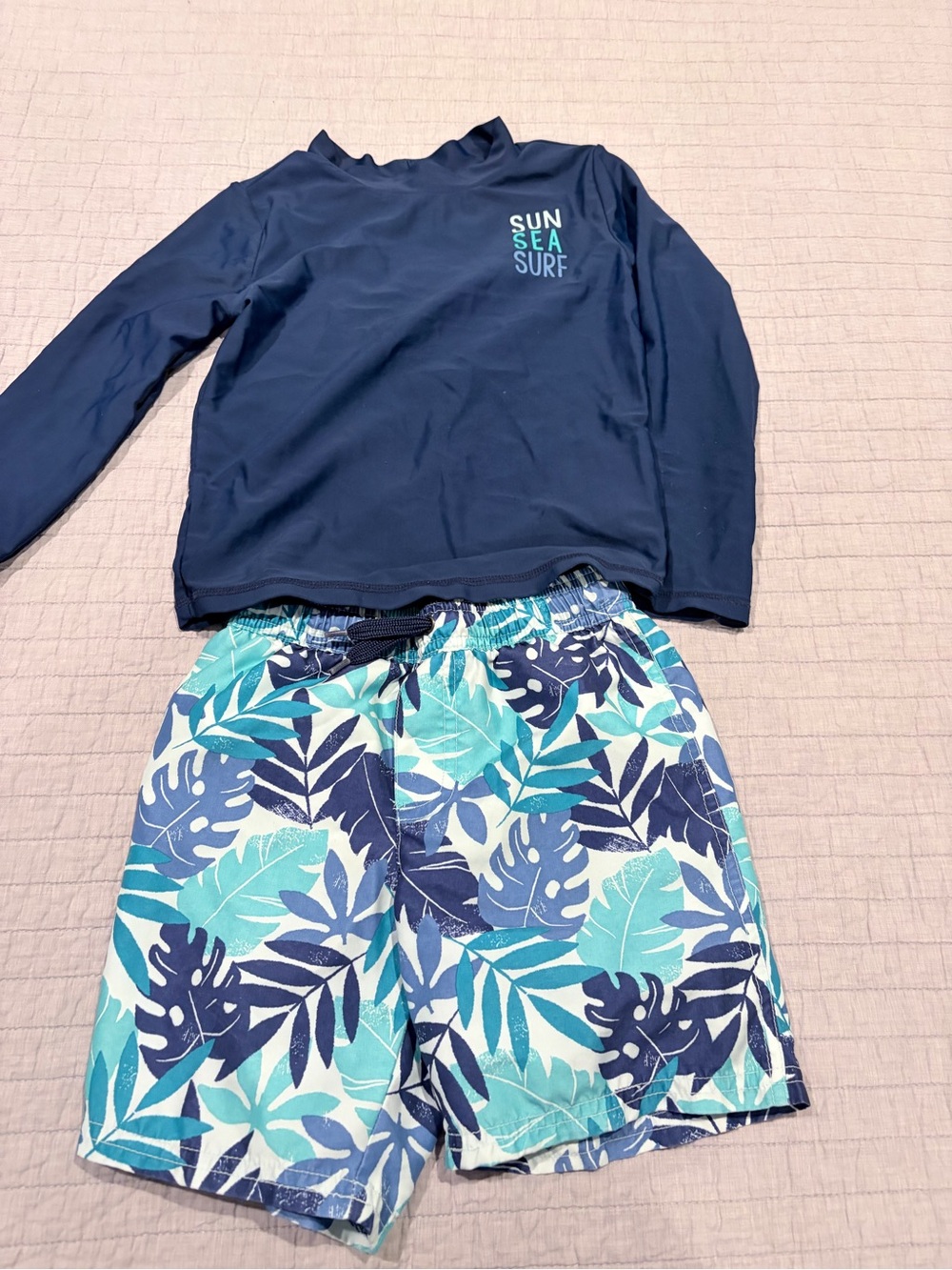 Simple Joys Sun Sea Surf Navy Kids Rashguard Top with Tropical Swim Trunks